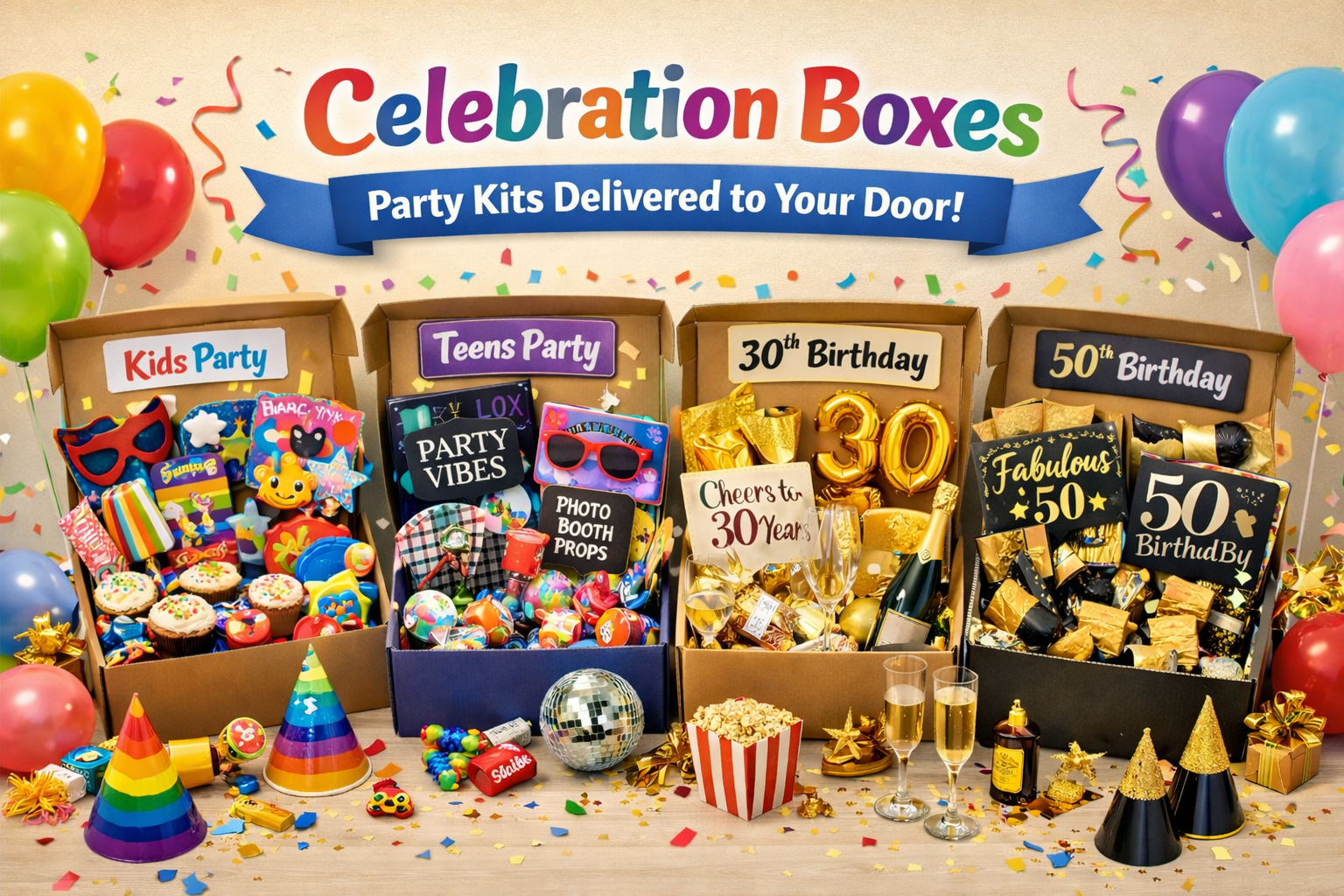 Schöne Celebration-Geschenkbox mit bunten Dekorationen